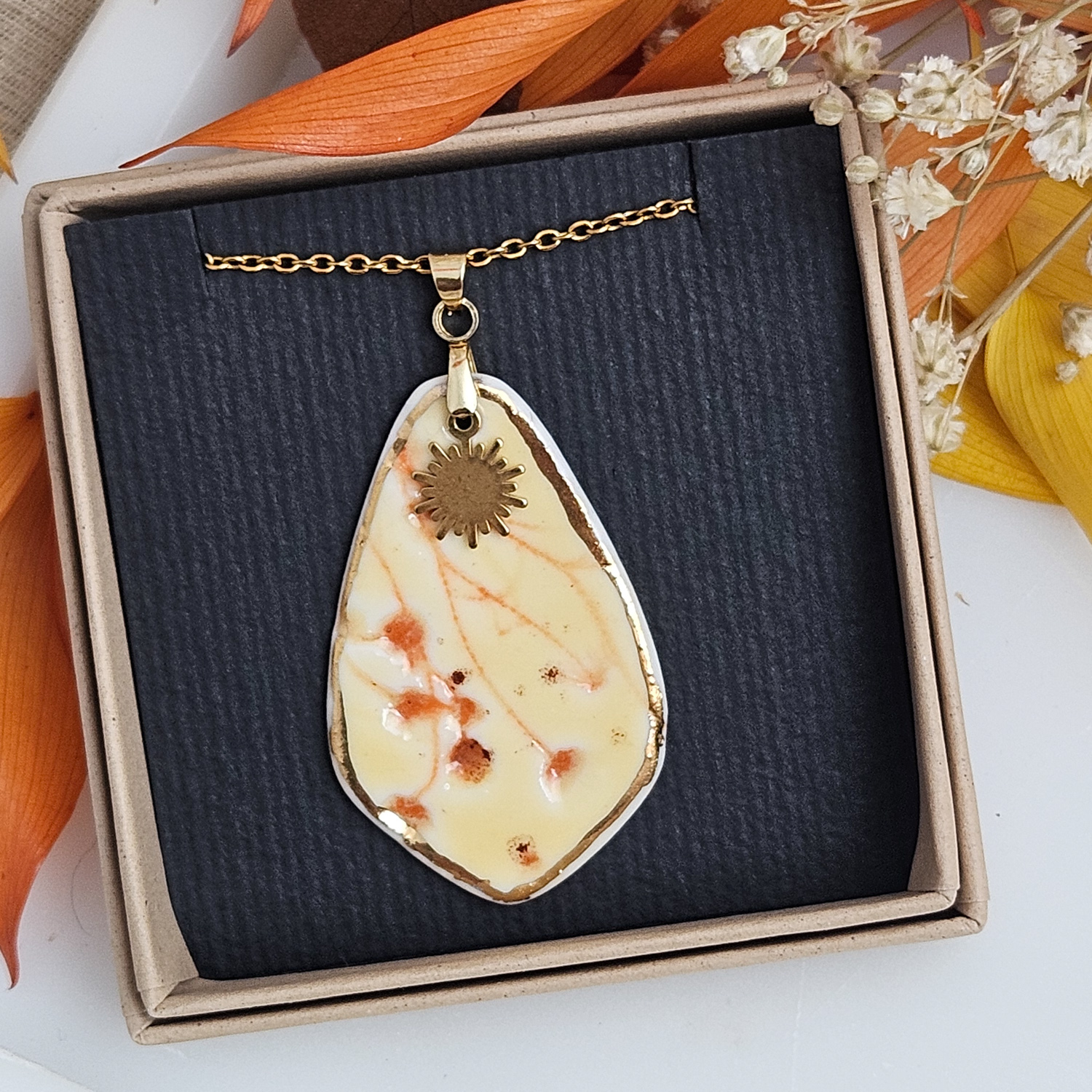 Yellow-red fine ceramic porcelain designer necklace - embossed plant with 22k gold plating and sun pendant - Image 4