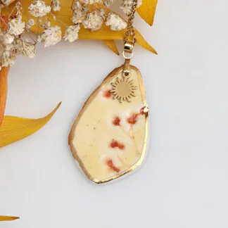 Yellow-red fine ceramic porcelain designer necklace - embossed plant with 22k gold plating and sun pendant