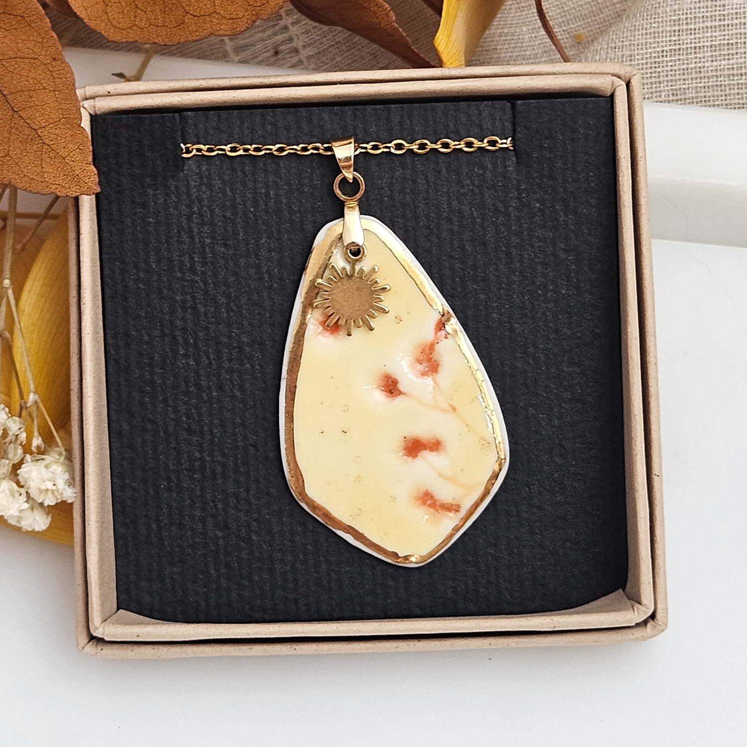 Yellow-red fine ceramic porcelain designer necklace - embossed plant with 22k gold plating and sun pendant - Image 4