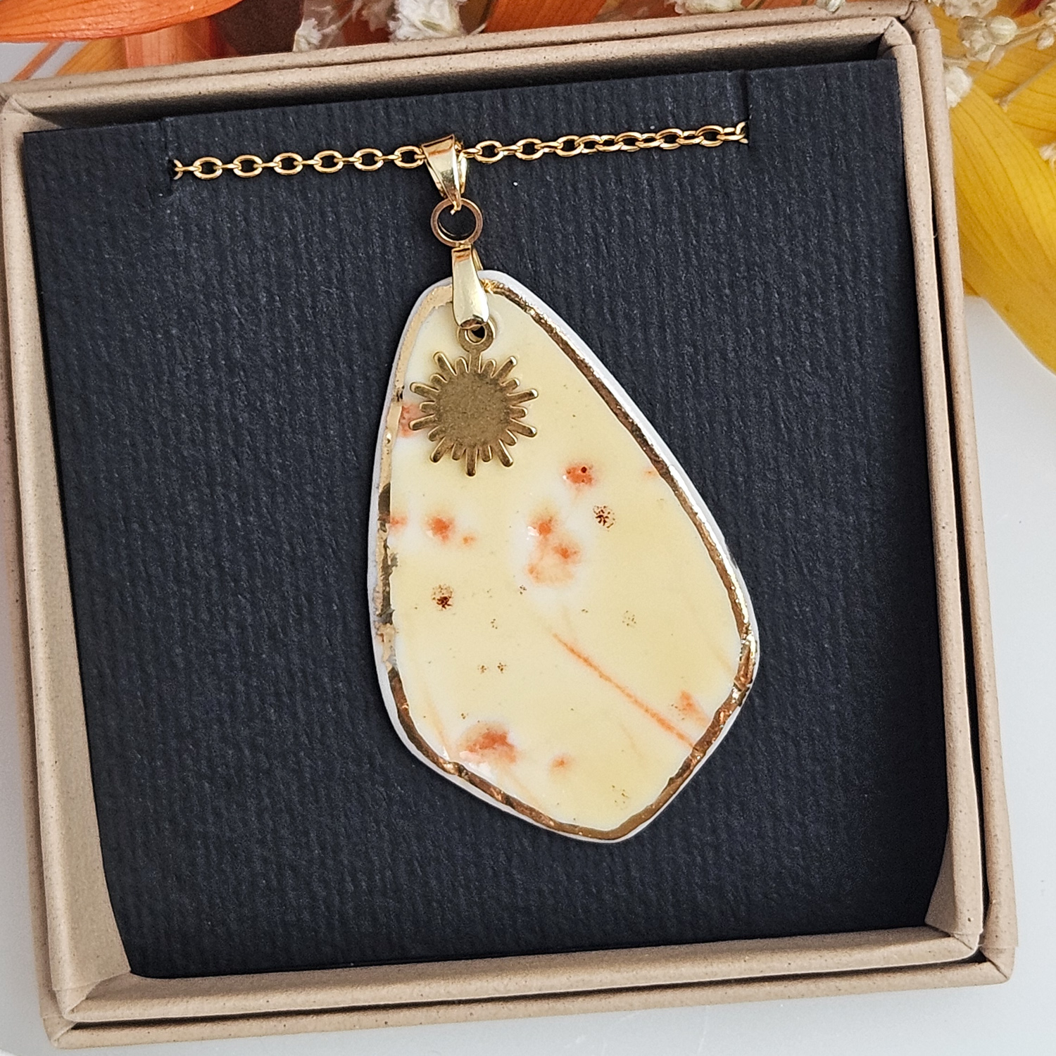 Yellow-red fine ceramic porcelain designer necklace - embossed plant with 22k gold plating and sun pendant - Image 4