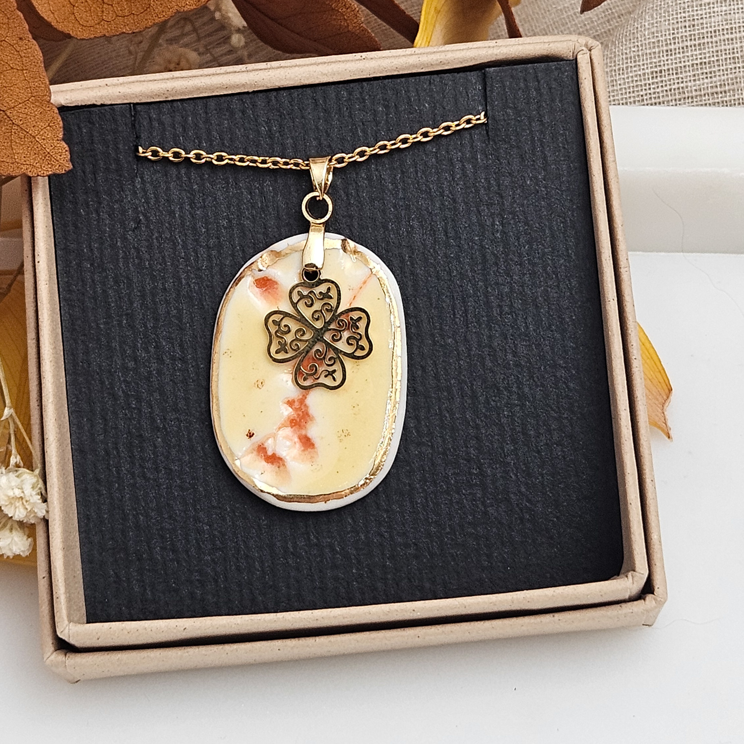 Yellow-red fine ceramic porcelain designer necklace - embossed plant with 22k gold plating and clover pendant - Image 4