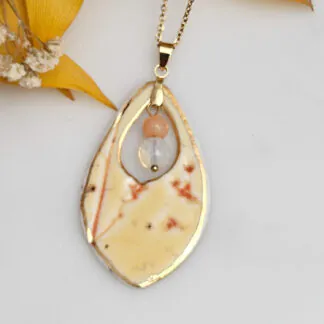 Yellow-red fine ceramic porcelain designer necklace - embossed plant with 22k gold plating, jadeite and opal