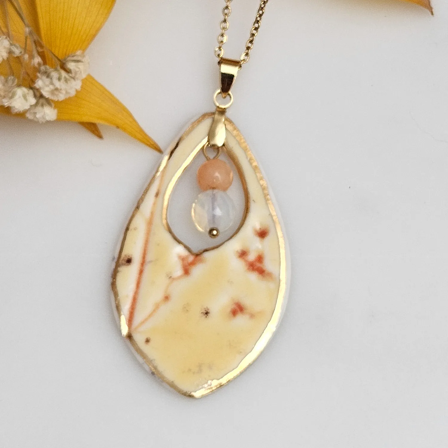 Yellow-red fine ceramic porcelain designer necklace - embossed plant with 22k gold plating, jadeite and opal