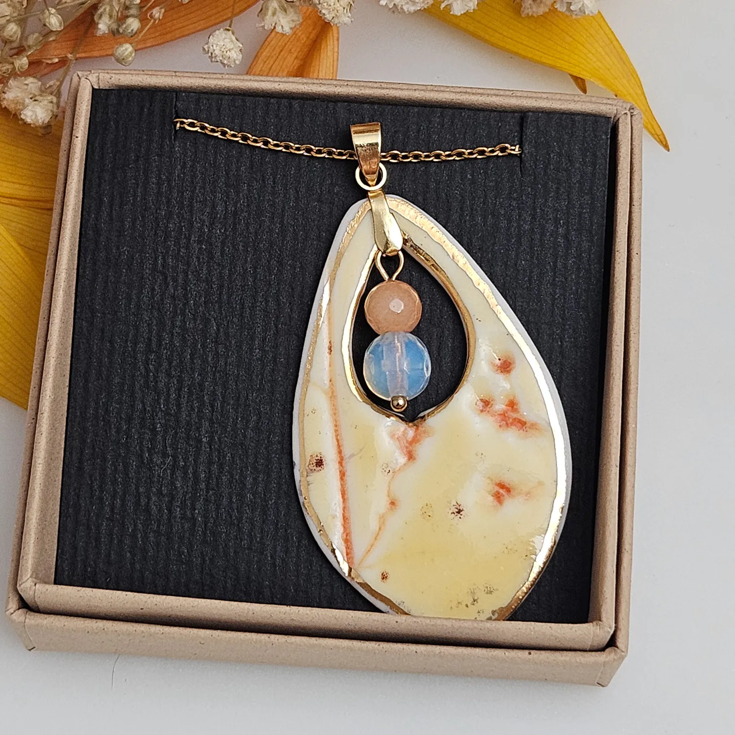 Yellow-red fine ceramic porcelain designer necklace - embossed plant with 22k gold plating, jadeite and opal - Image 4