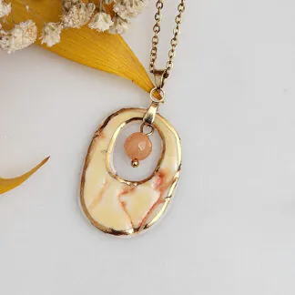 Yellow-red fine ceramic porcelain designer necklace - embossed plant with 22k gold plating and jadeite
