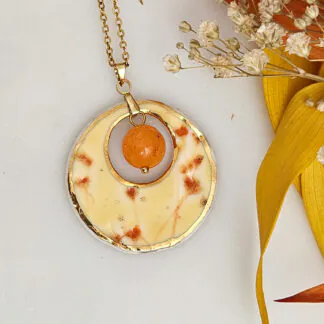 Yellow-red fine ceramic porcelain designer necklace - embossed plant with 22k gold plating and jadeite