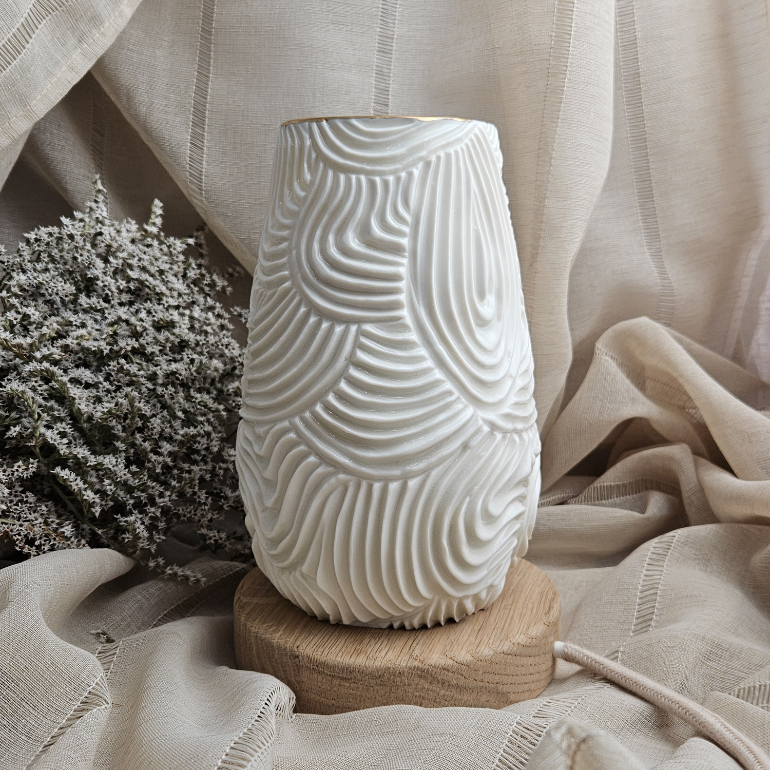 Carved fine porcelain handmade ceramic table lamp with gold - organic pattern